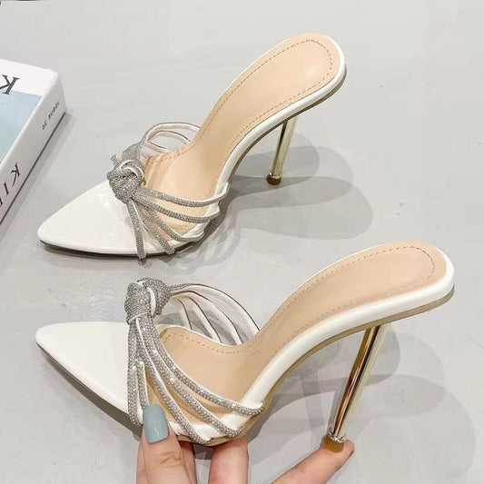 Crystal High Heel Slipper for Women Summer Fashion with Narrow Band and Pointed Toe
