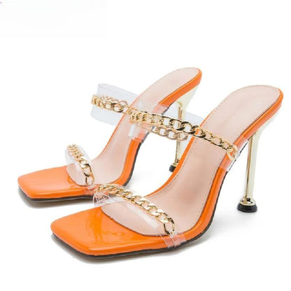 Clear PVC High Heel Slippers with Chain Design Square Toe Summer Fashion Slide