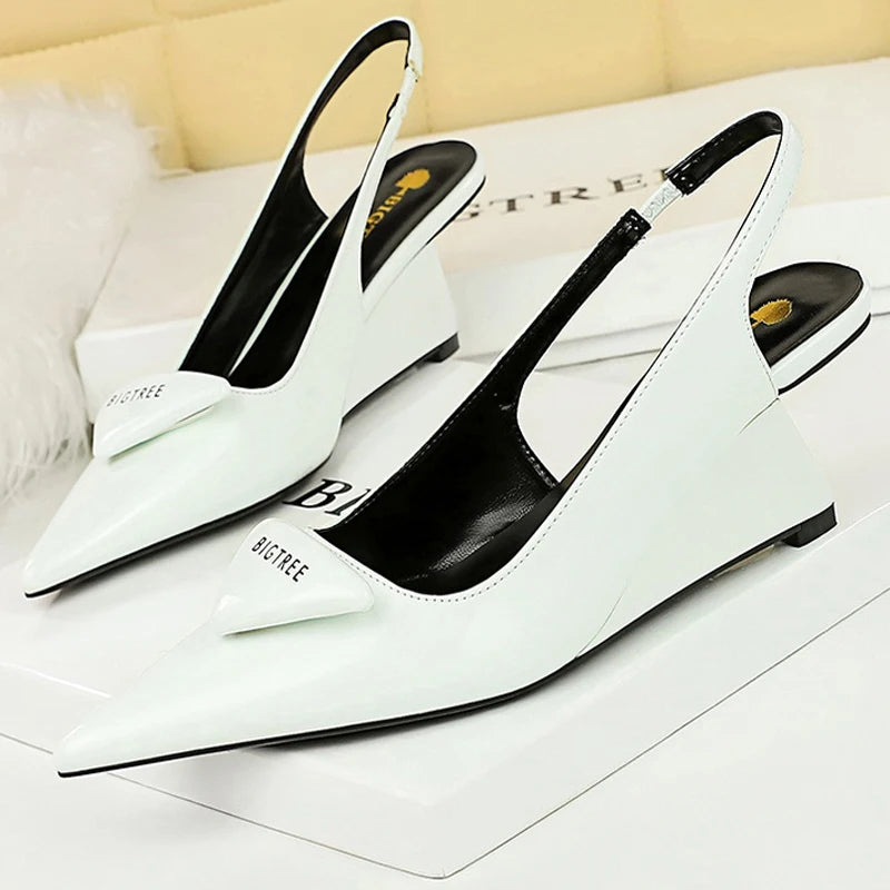 Patent Leather Hollow Back Strap Wedges Heels Women Pumps