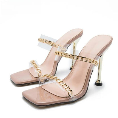 Clear PVC High Heel Slippers with Chain Design Square Toe Summer Fashion Slide