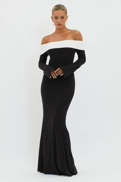 Contrast Foldover Bardot Long Sleeve Trumpet Hem Maxi Dress