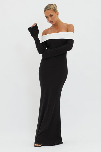 Contrast Foldover Bardot Long Sleeve Trumpet Hem Maxi Dress