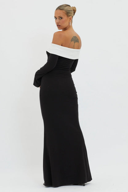 Contrast Foldover Bardot Long Sleeve Trumpet Hem Maxi Dress