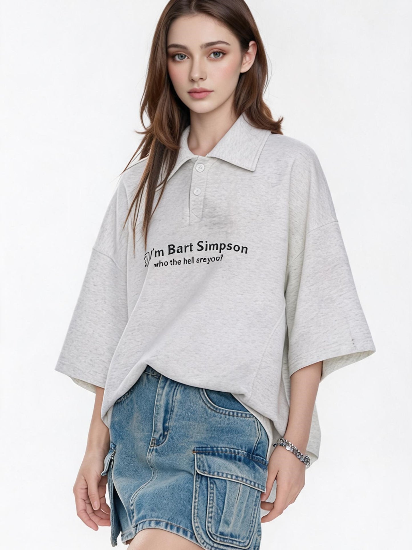 Simple Slogan Collared Casual Mid-sleeve T-shirt