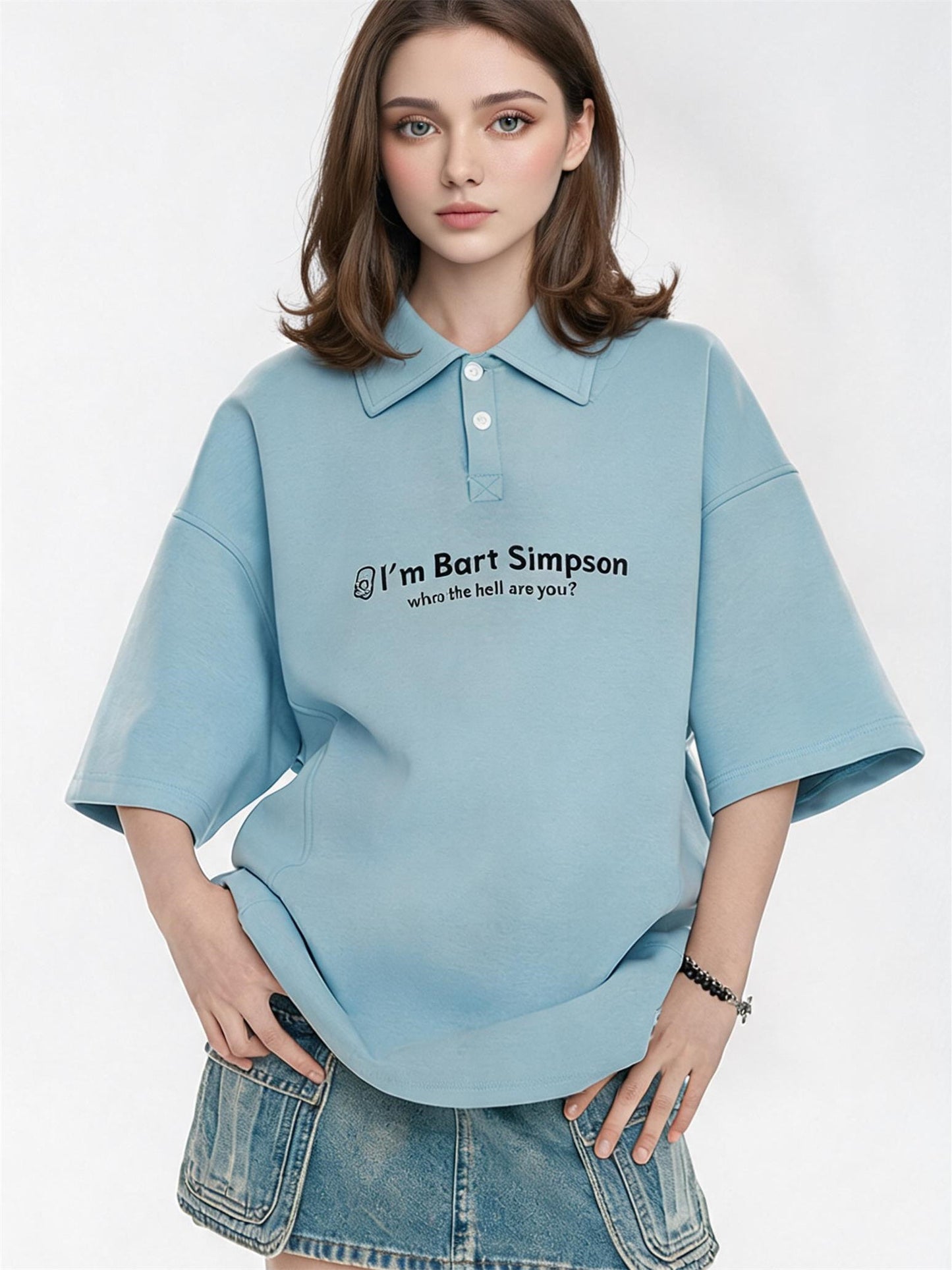Simple Slogan Collared Casual Mid-sleeve T-shirt