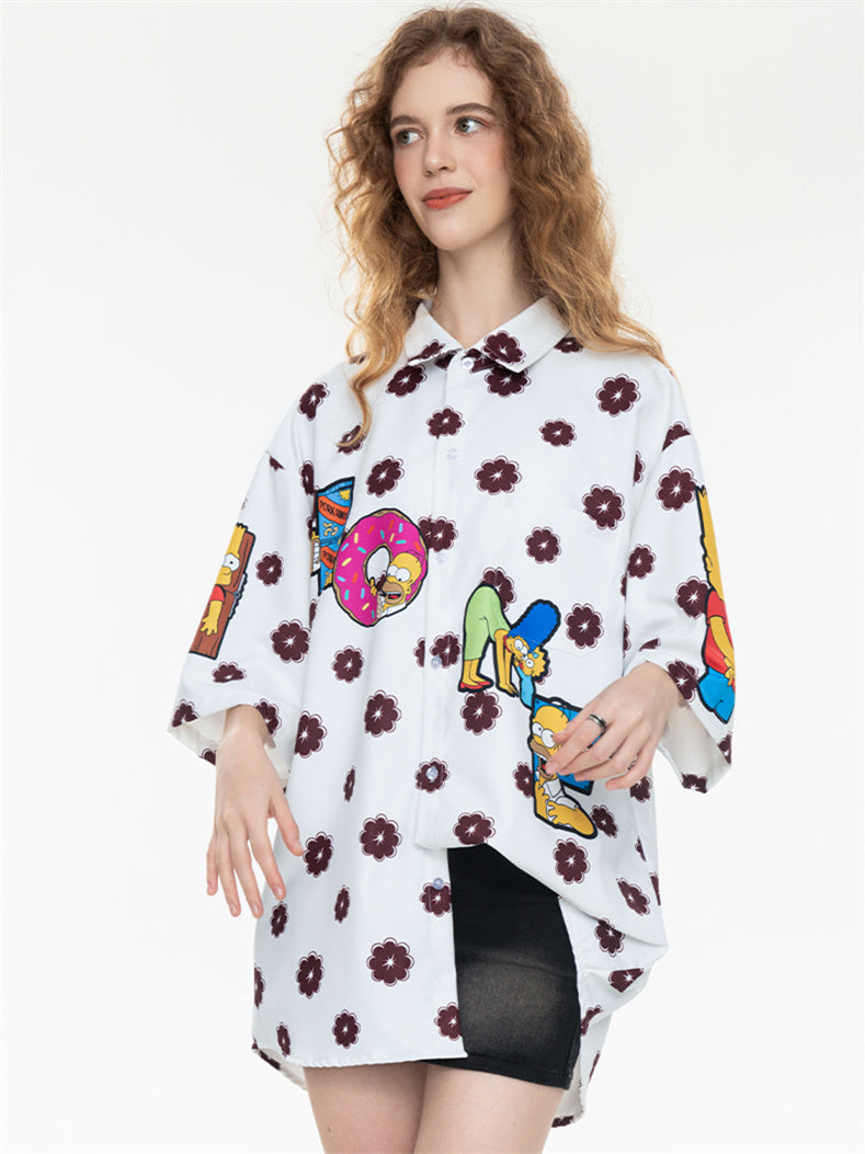 Black And White Color-blocked Cartoon Loose Collar Shirt