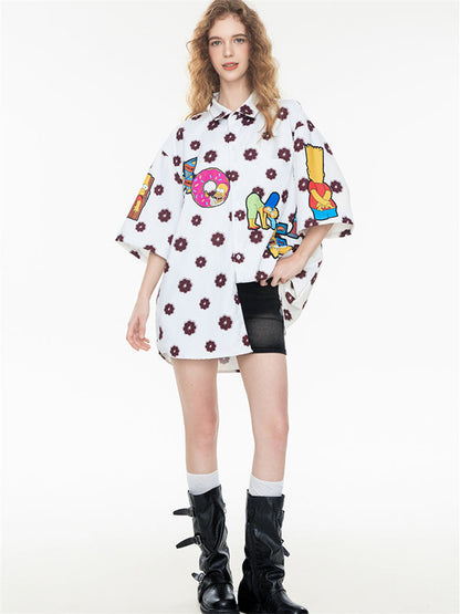 Black And White Color-blocked Cartoon Loose Collar Shirt