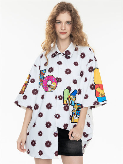 Black And White Color-blocked Cartoon Loose Collar Shirt