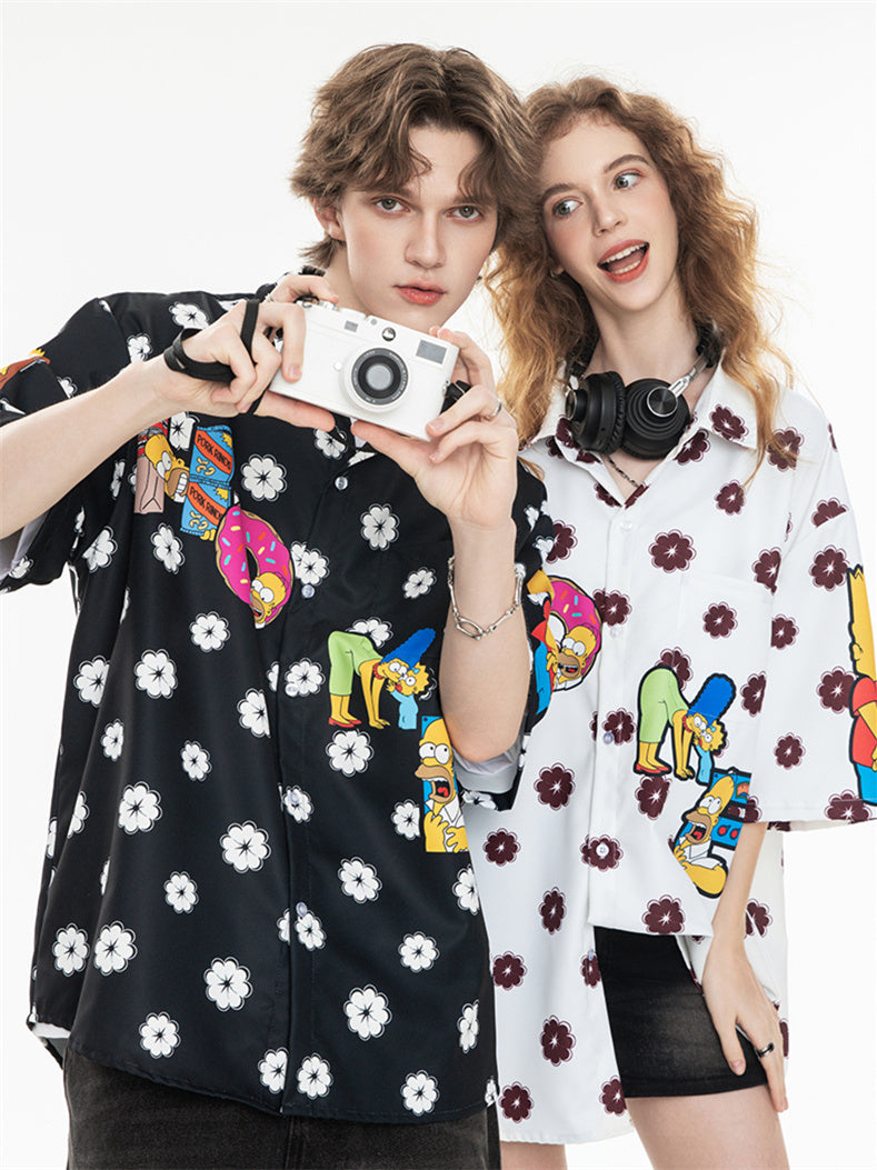 Black And White Color-blocked Cartoon Loose Collar Shirt