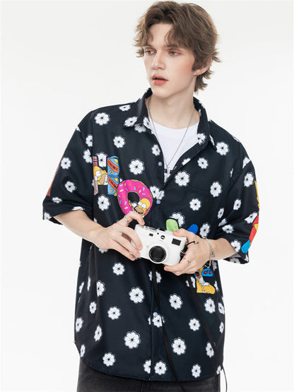 Black And White Color-blocked Cartoon Loose Collar Shirt