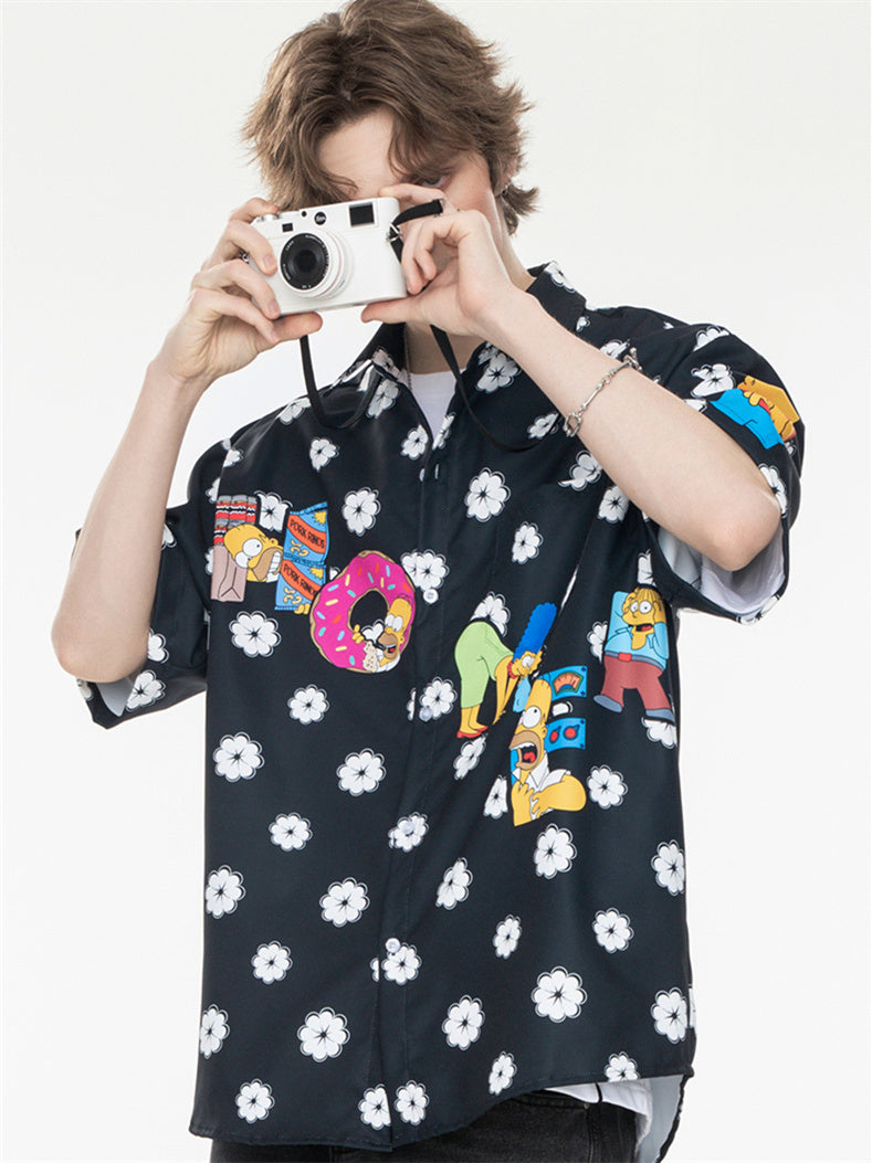 Black And White Color-blocked Cartoon Loose Collar Shirt