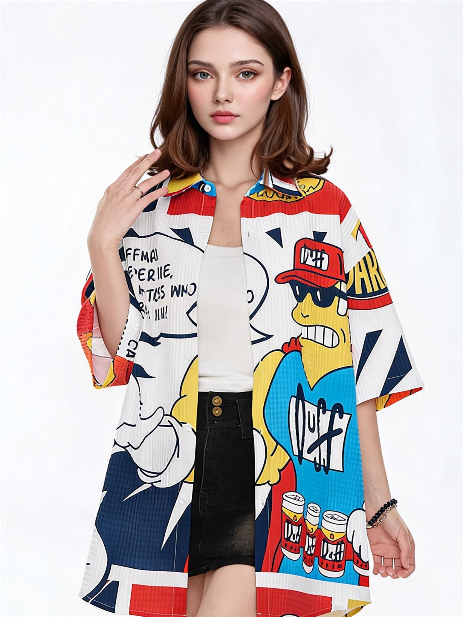 American Retro Cartoon Color-blocked Collared Shirt