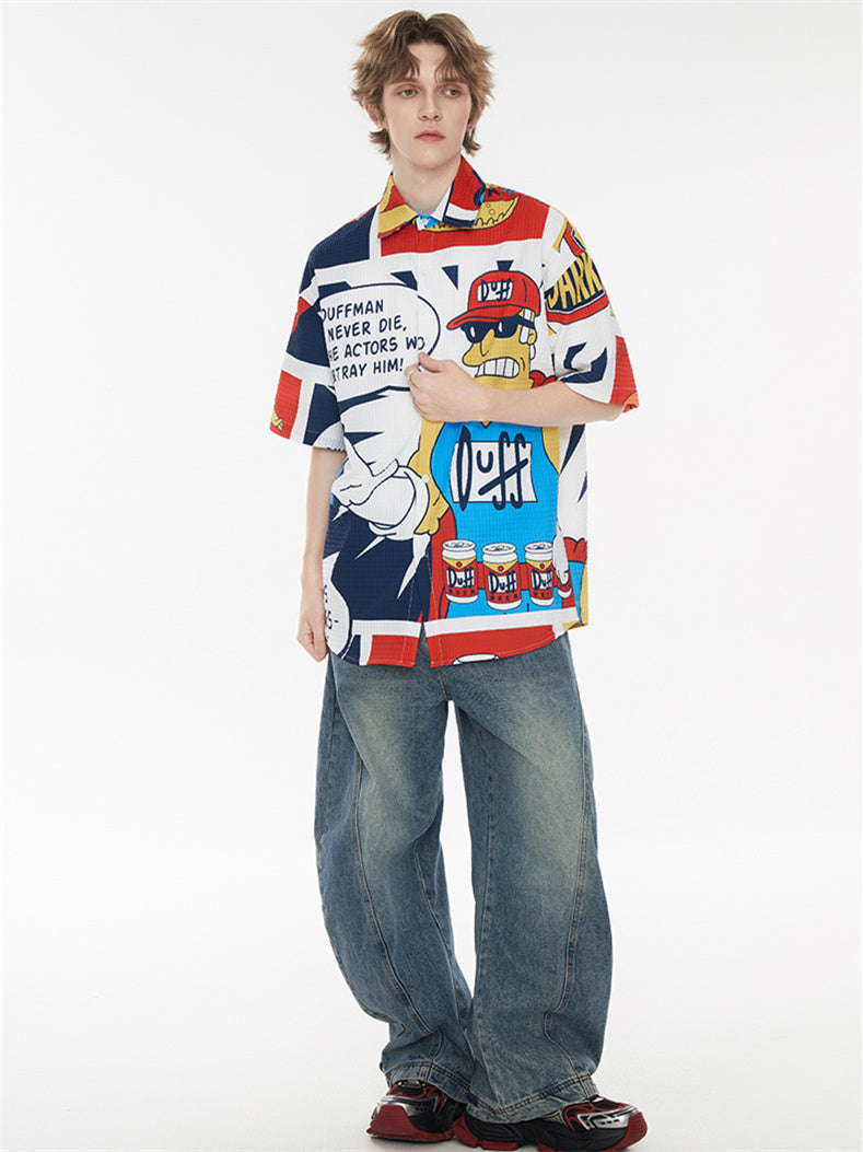 American Retro Cartoon Color-blocked Collared Shirt