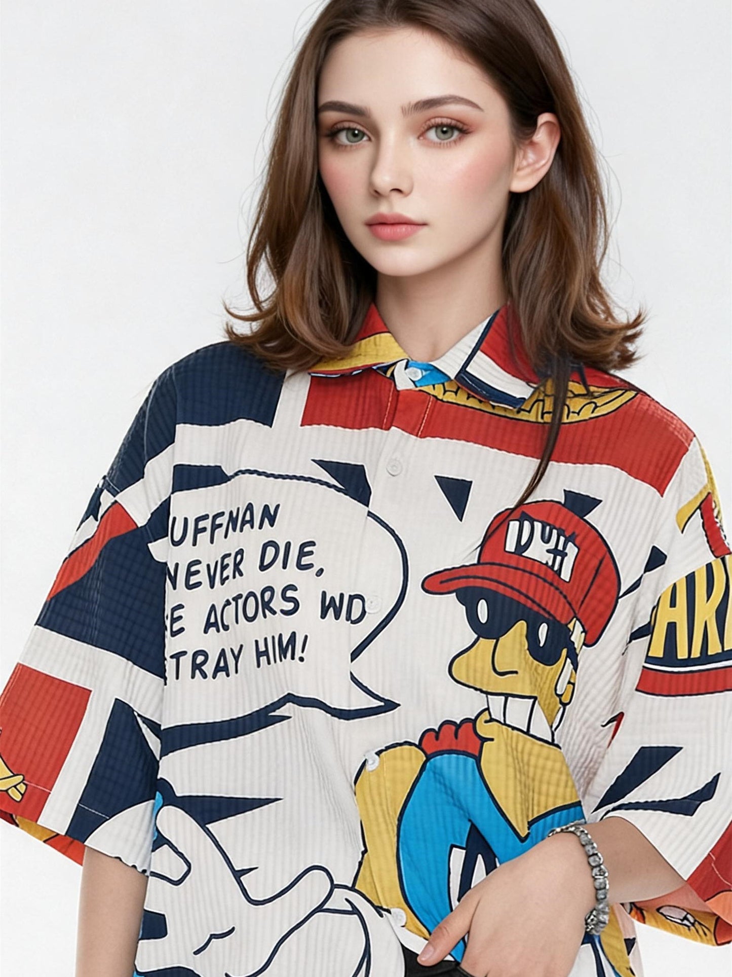 American Retro Cartoon Color-blocked Collared Shirt