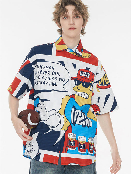 American Retro Cartoon Color-blocked Collared Shirt