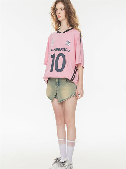Sweet And Cool Girl Loose V-neck Sports Jersey T-shirt