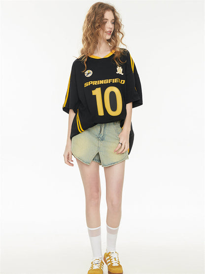 Sweet And Cool Girl Loose V-neck Sports Jersey T-shirt