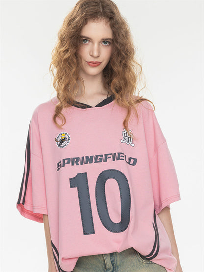 Sweet And Cool Girl Loose V-neck Sports Jersey T-shirt