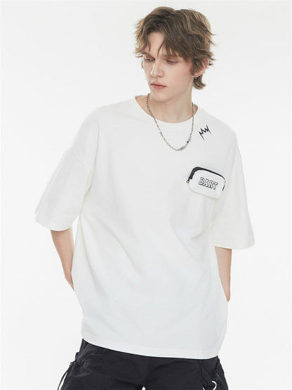 Black And Pink Color-blocked Short-sleeved T-shirt With Detachable Pockets