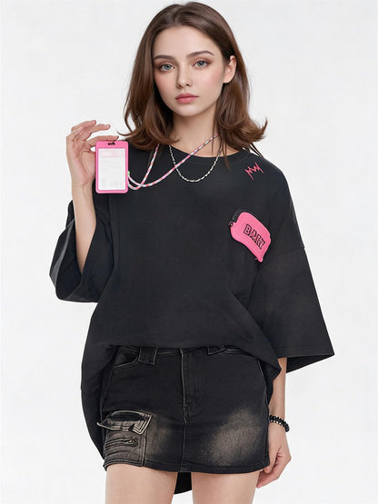 Black And Pink Color-blocked Short-sleeved T-shirt With Detachable Pockets