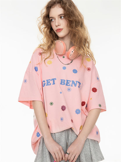 All-over Floral Print Loose-fitting Short-sleeved T-shirt For Couples