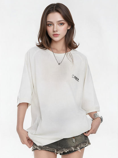 Raglan Sleeve Small Letter Loose Three-quarter Sleeve T-shirt
