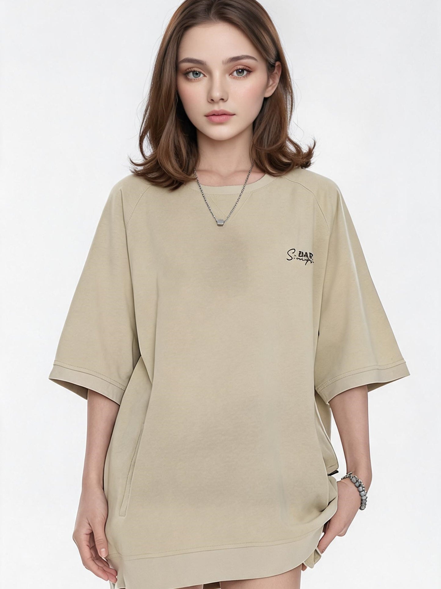 Raglan Sleeve Small Letter Loose Three-quarter Sleeve T-shirt