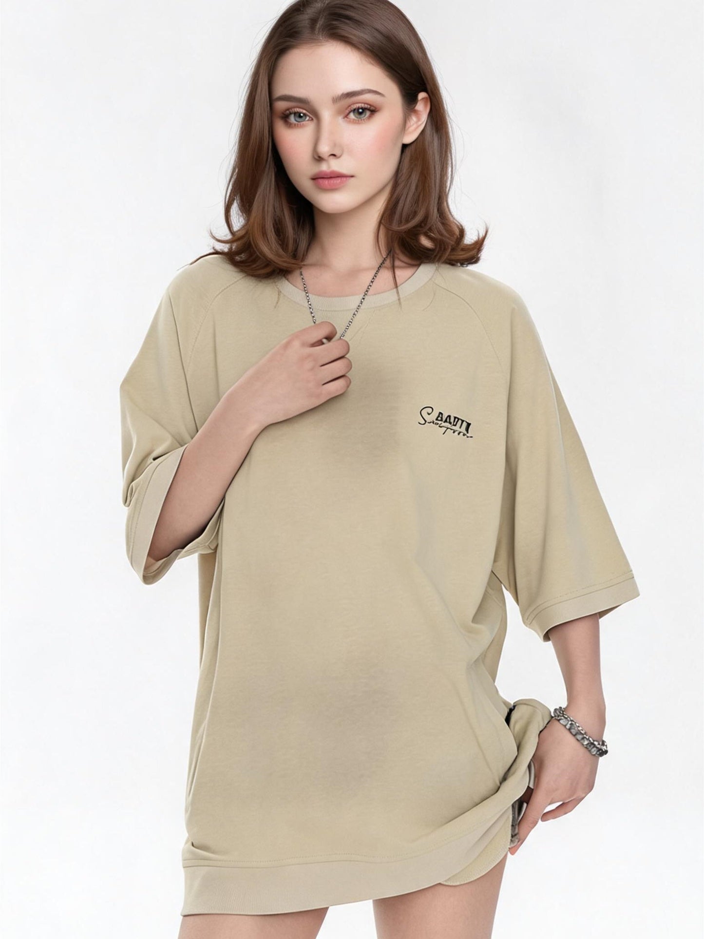 Raglan Sleeve Small Letter Loose Three-quarter Sleeve T-shirt