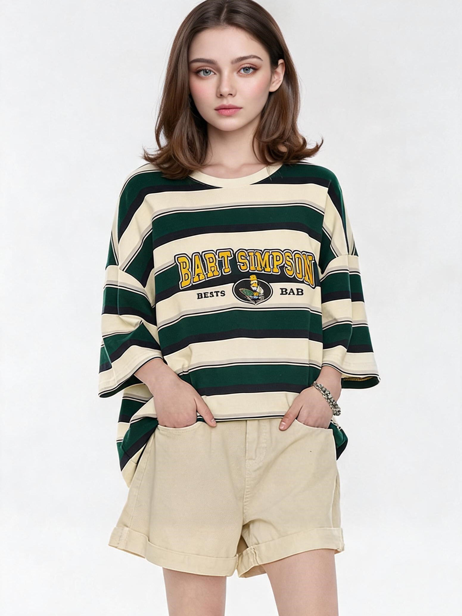 The Simpsons Cartoon Striped Loose Short-sleeved T-shirt