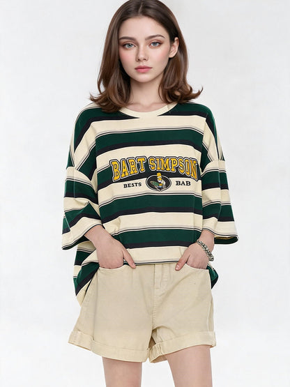 The Simpsons Cartoon Striped Loose Short-sleeved T-shirt