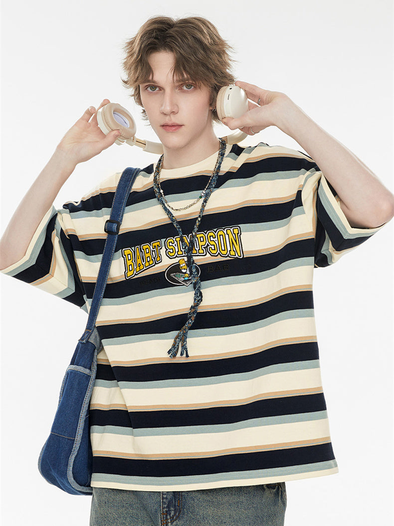 The Simpsons Cartoon Striped Loose Short-sleeved T-shirt