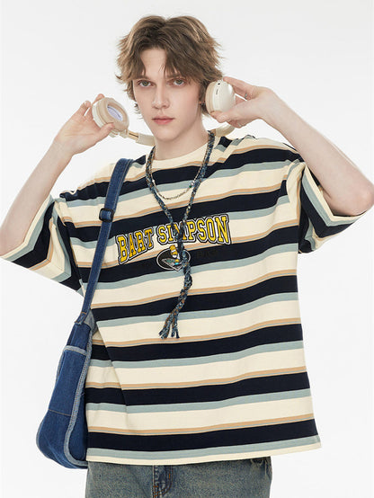 The Simpsons Cartoon Striped Loose Short-sleeved T-shirt