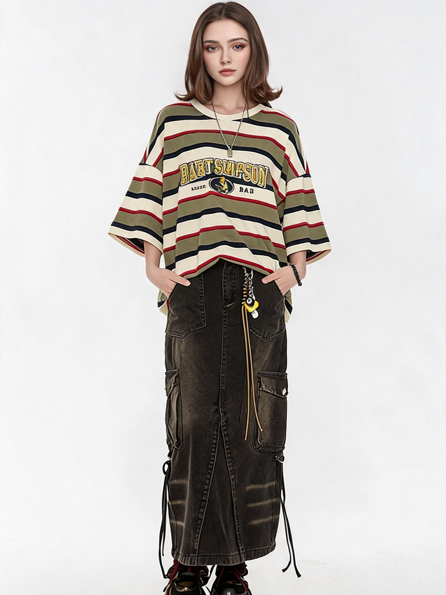 The Simpsons Cartoon Striped Loose Short-sleeved T-shirt