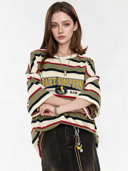 The Simpsons Cartoon Striped Loose Short-sleeved T-shirt