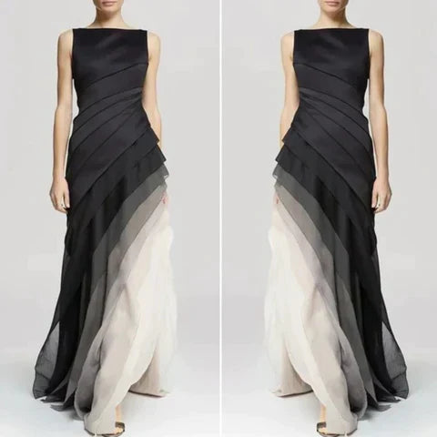 Boat Neck Asymmetric Diagonal Tiered Ombré Column Maxi Gown