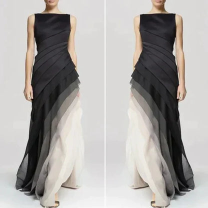 Boat Neck Asymmetric Diagonal Tiered Ombré Column Maxi Gown
