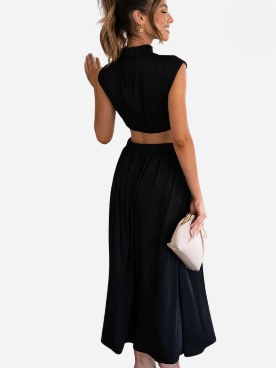 Mock Neck Cap Sleeve Side Cutout Pleated Bodice Flowy Maxi Dress