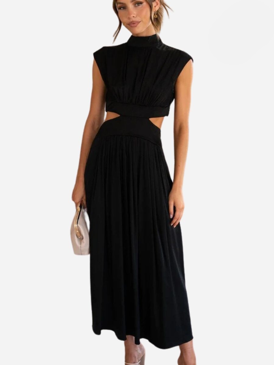 Mock Neck Cap Sleeve Side Cutout Pleated Bodice Flowy Maxi Dress