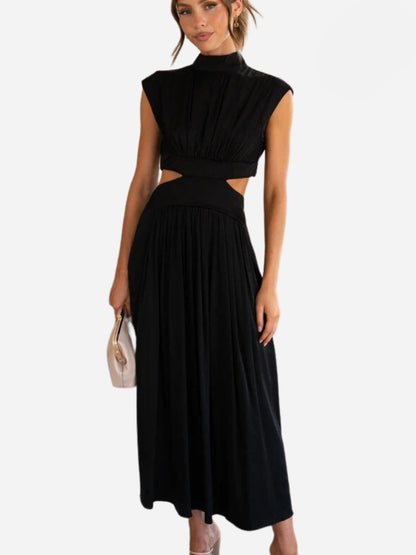 Mock Neck Pleated Sleeveless Waist Cutout Maxi Dress