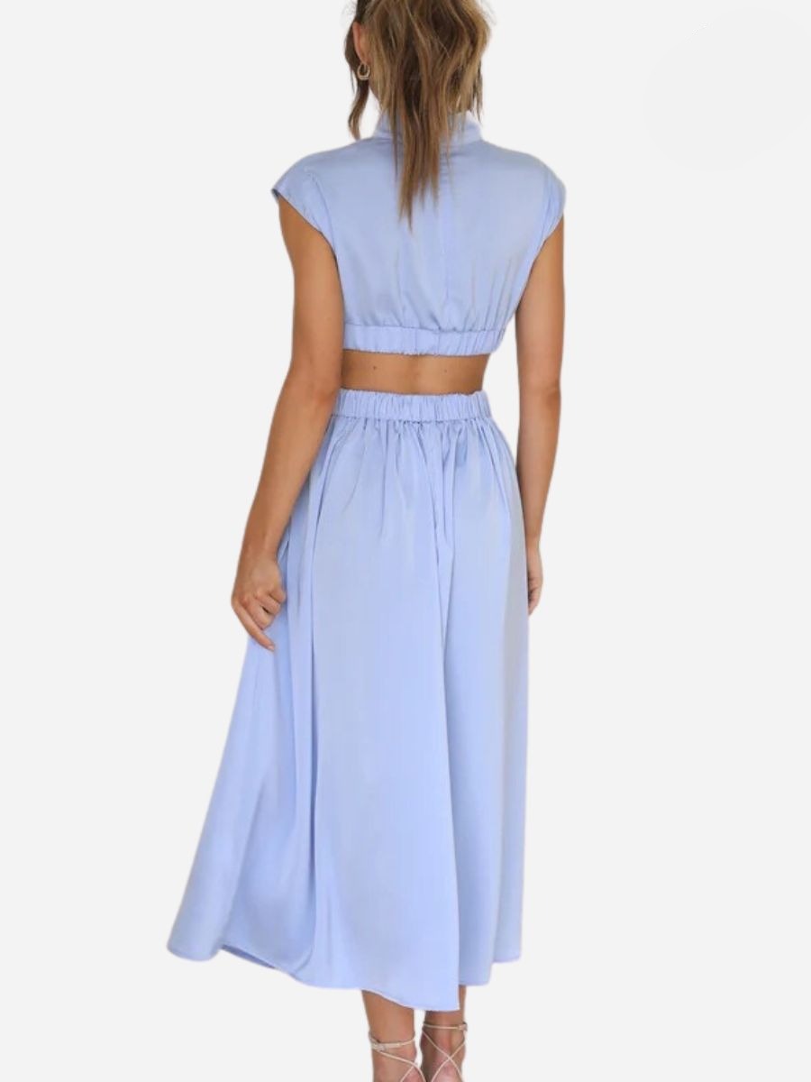 Mock Neck Cap Sleeve Side Cutout Pleated Bodice Flowy Maxi Dress