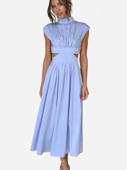 Mock Neck Pleated Sleeveless Waist Cutout Maxi Dress