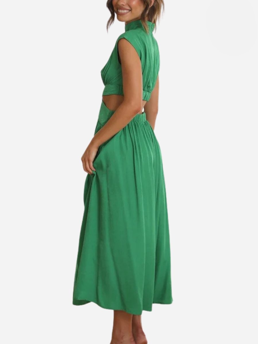 Mock Neck Cap Sleeve Side Cutout Pleated Bodice Flowy Maxi Dress