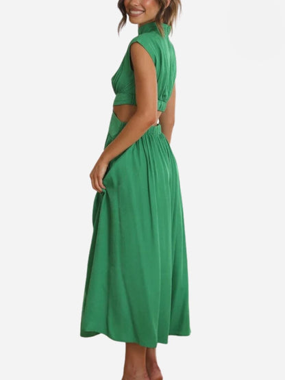 Mock Neck Pleated Sleeveless Waist Cutout Maxi Dress