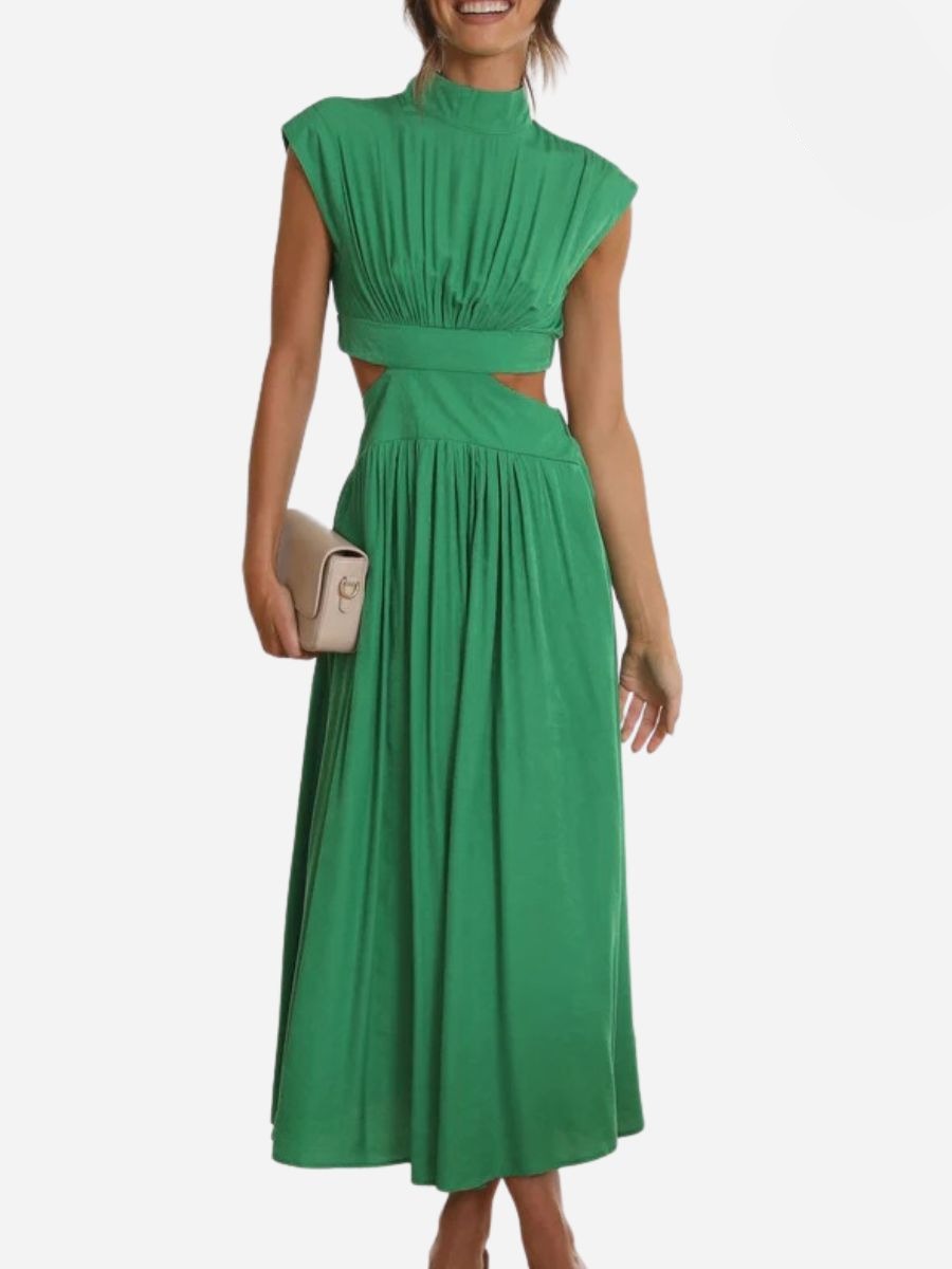 Mock Neck Cap Sleeve Side Cutout Pleated Bodice Flowy Maxi Dress
