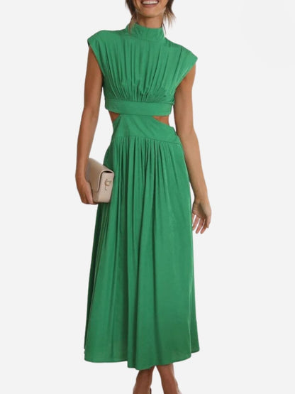 Mock Neck Cap Sleeve Side Cutout Pleated Bodice Flowy Maxi Dress