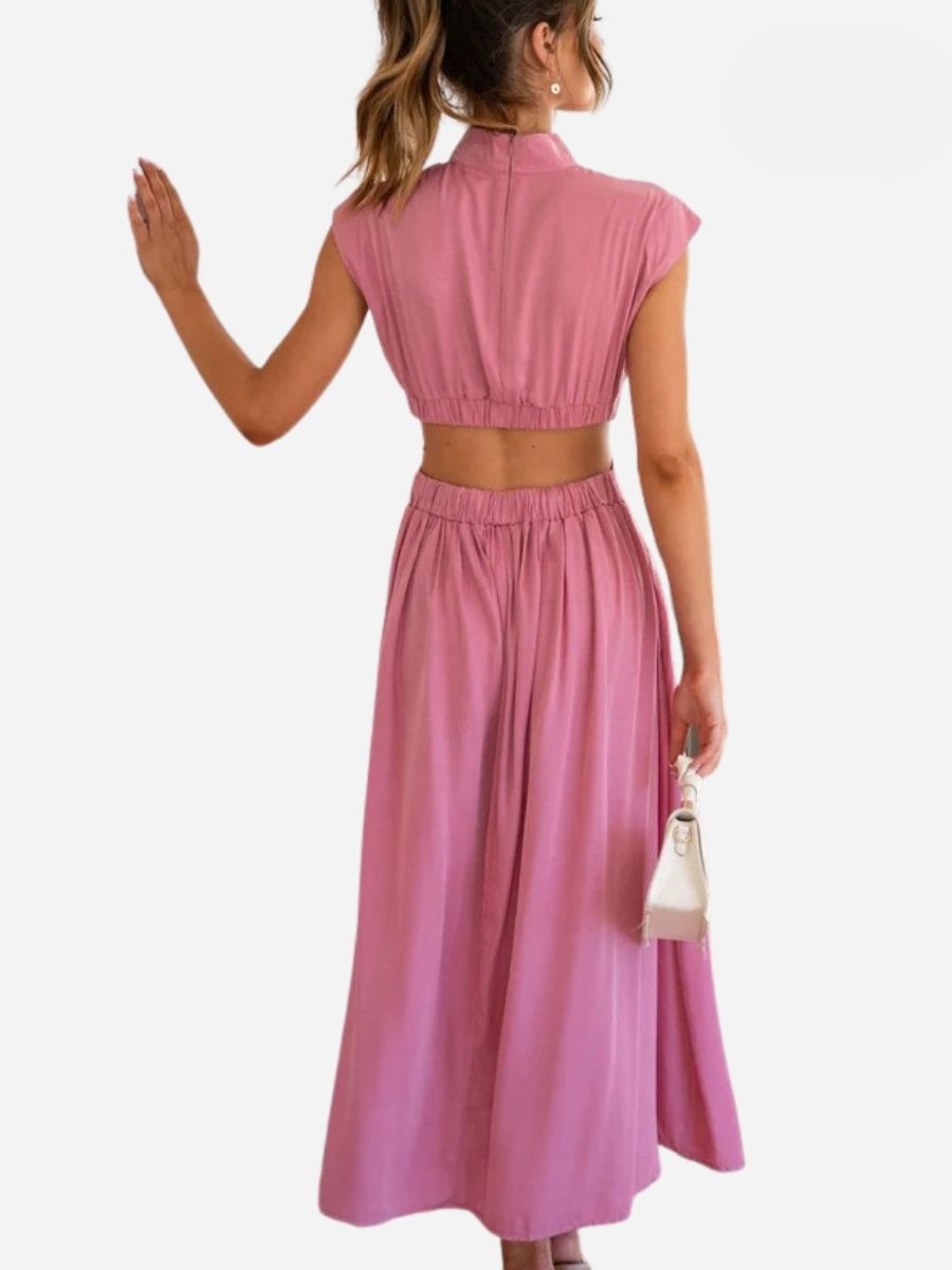 Mock Neck Pleated Sleeveless Waist Cutout Maxi Dress