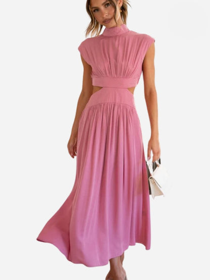 Mock Neck Cap Sleeve Side Cutout Pleated Bodice Flowy Maxi Dress