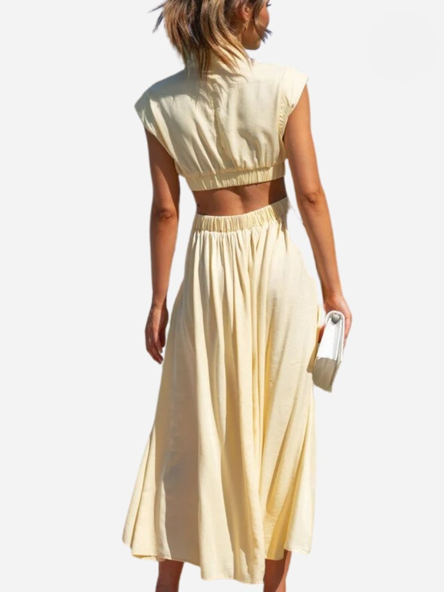 Mock Neck Cap Sleeve Side Cutout Pleated Bodice Flowy Maxi Dress