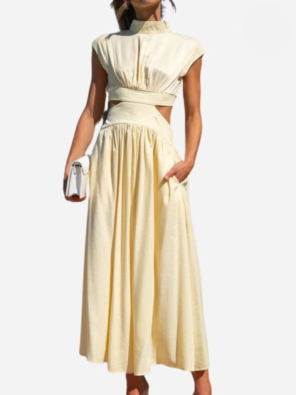 Mock Neck Cap Sleeve Side Cutout Pleated Bodice Flowy Maxi Dress