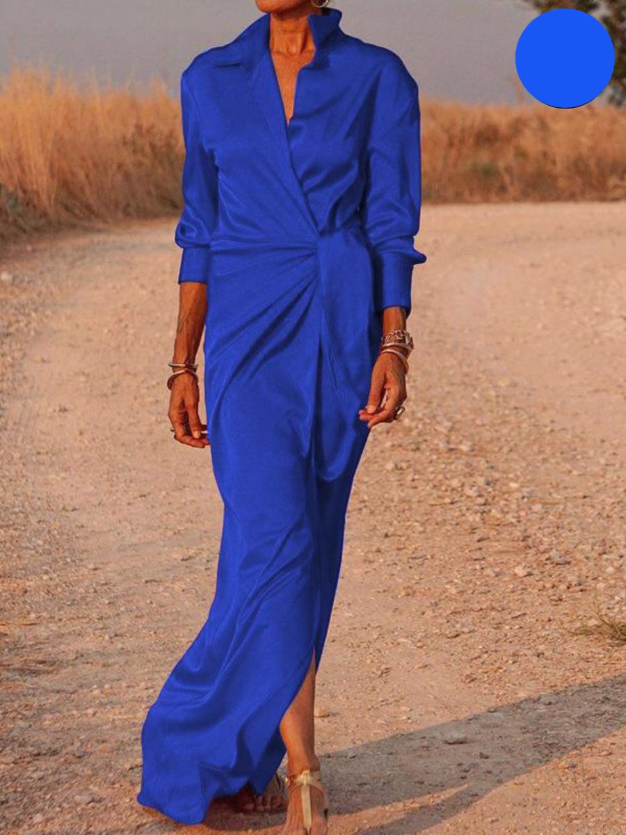Satin Collared Long Sleeve Wrap Tie Waist High Split Maxi Shirt Dress